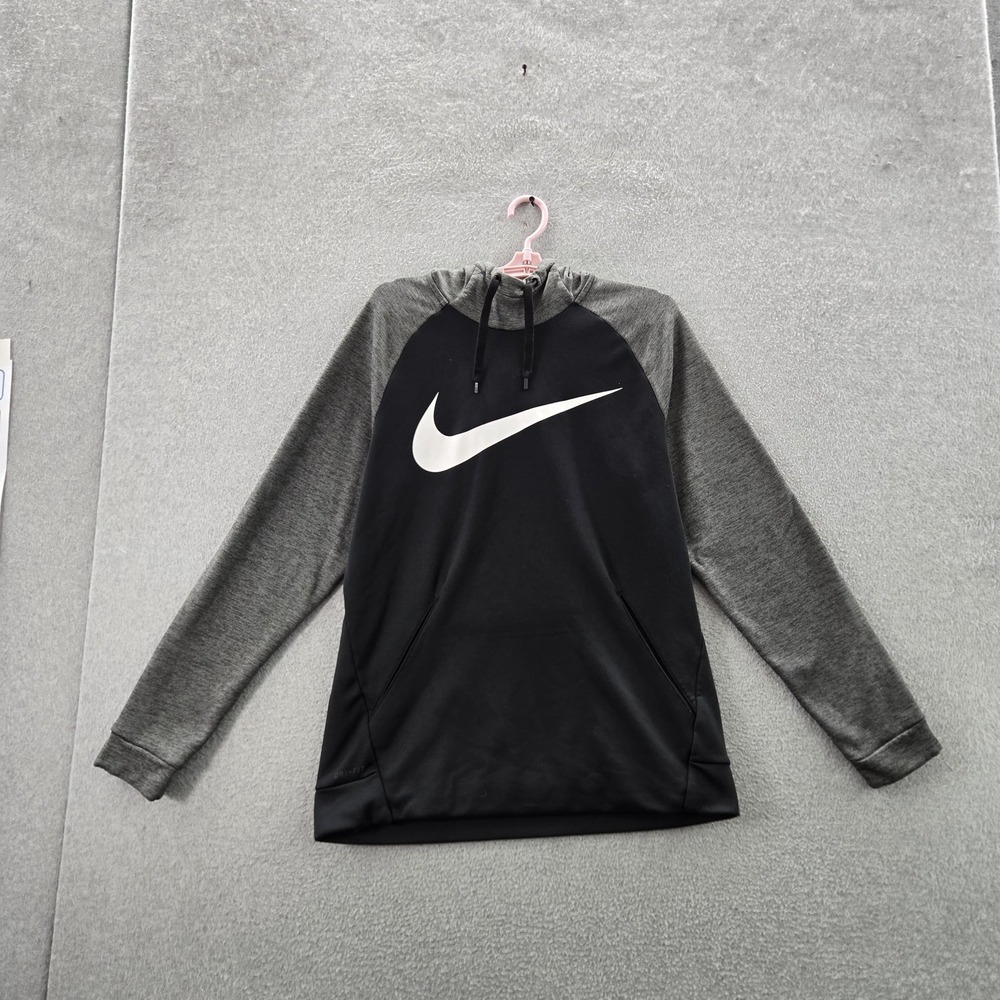 Nike Men Hoodie M Black Colorblock Fleece Big Swoosh Logo Dri-Fit Thrma HD